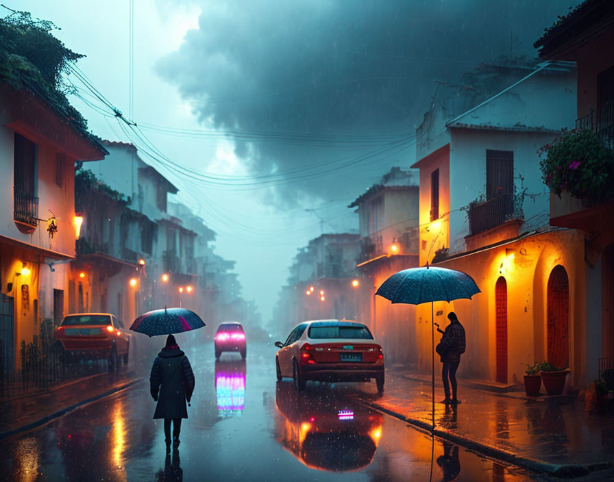 City street scene: Rainy evening with umbrellas and car taillights on wet road