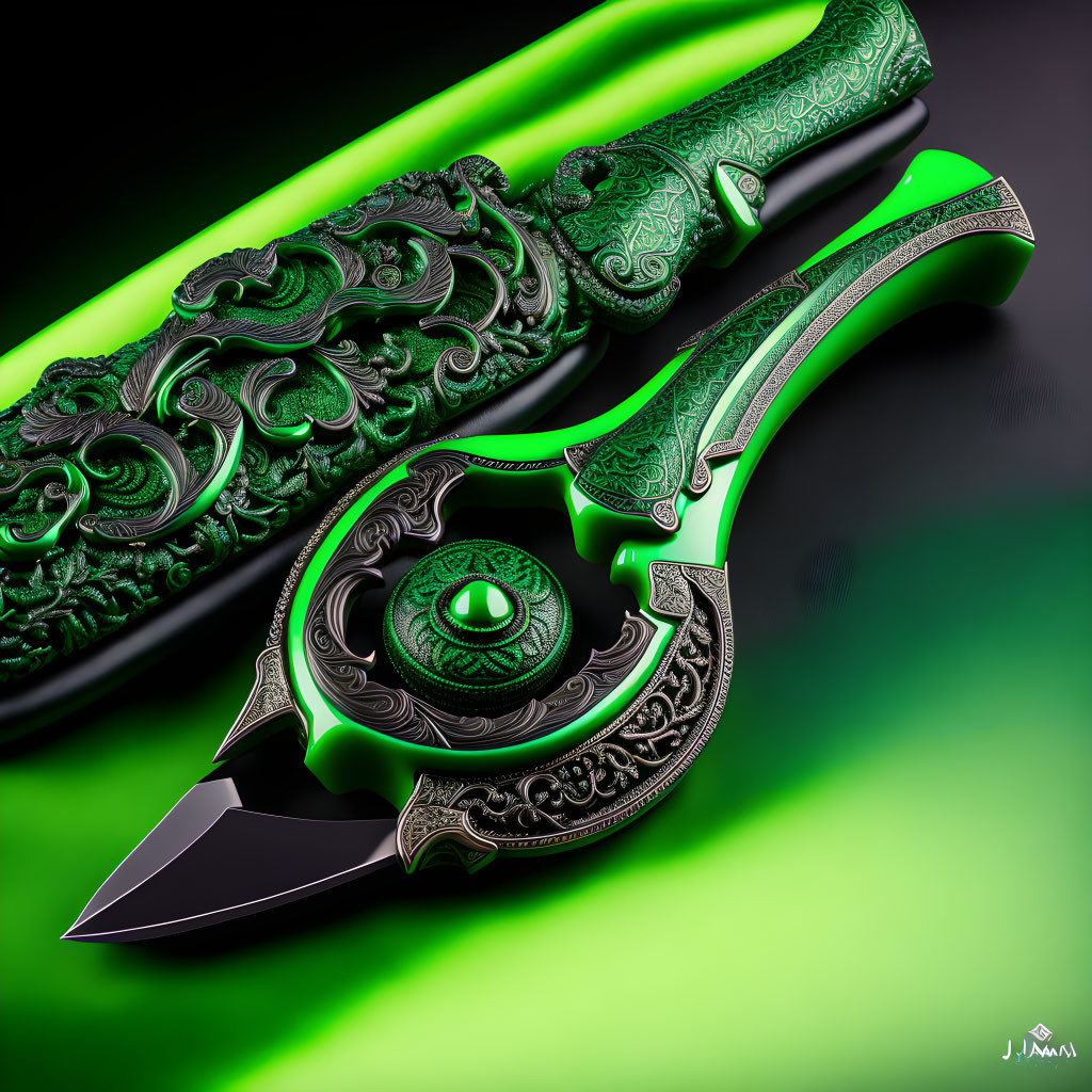 Fantasy dagger with green jewel, ornate silver and green patterns, on green backdrop