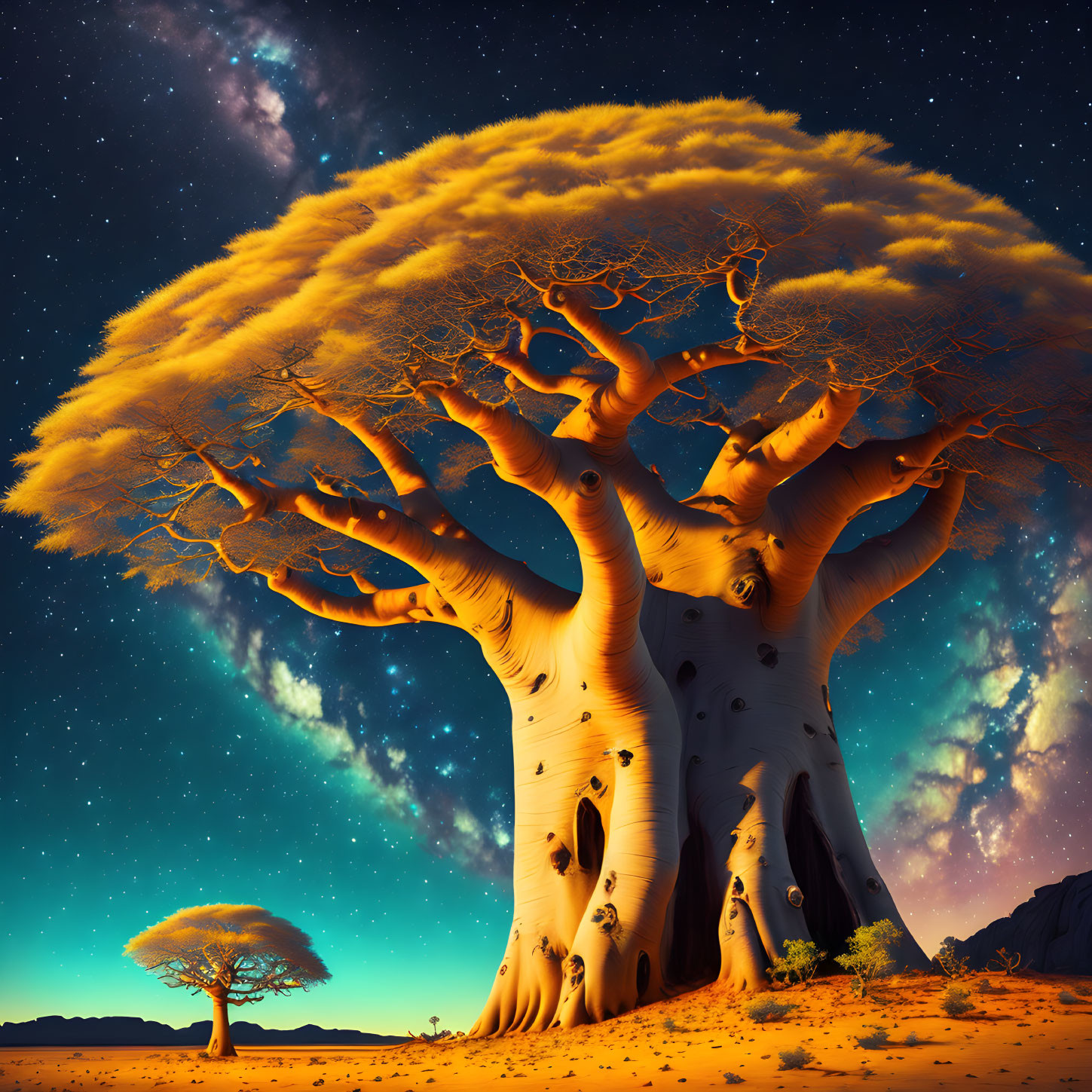 Ancient Baobab Tree under Starry Night Sky