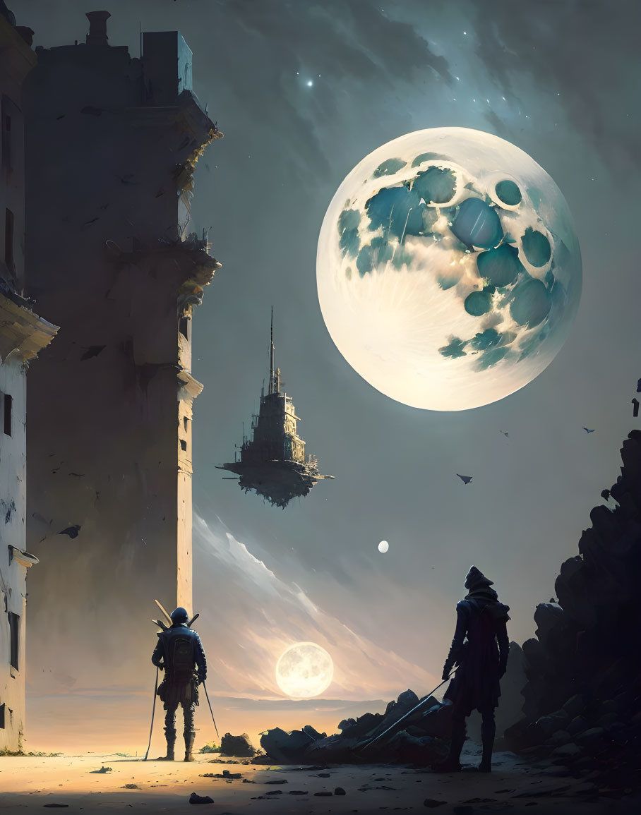 Futuristic armor-clad duo in ruins under twilight sky with large moon and structures.