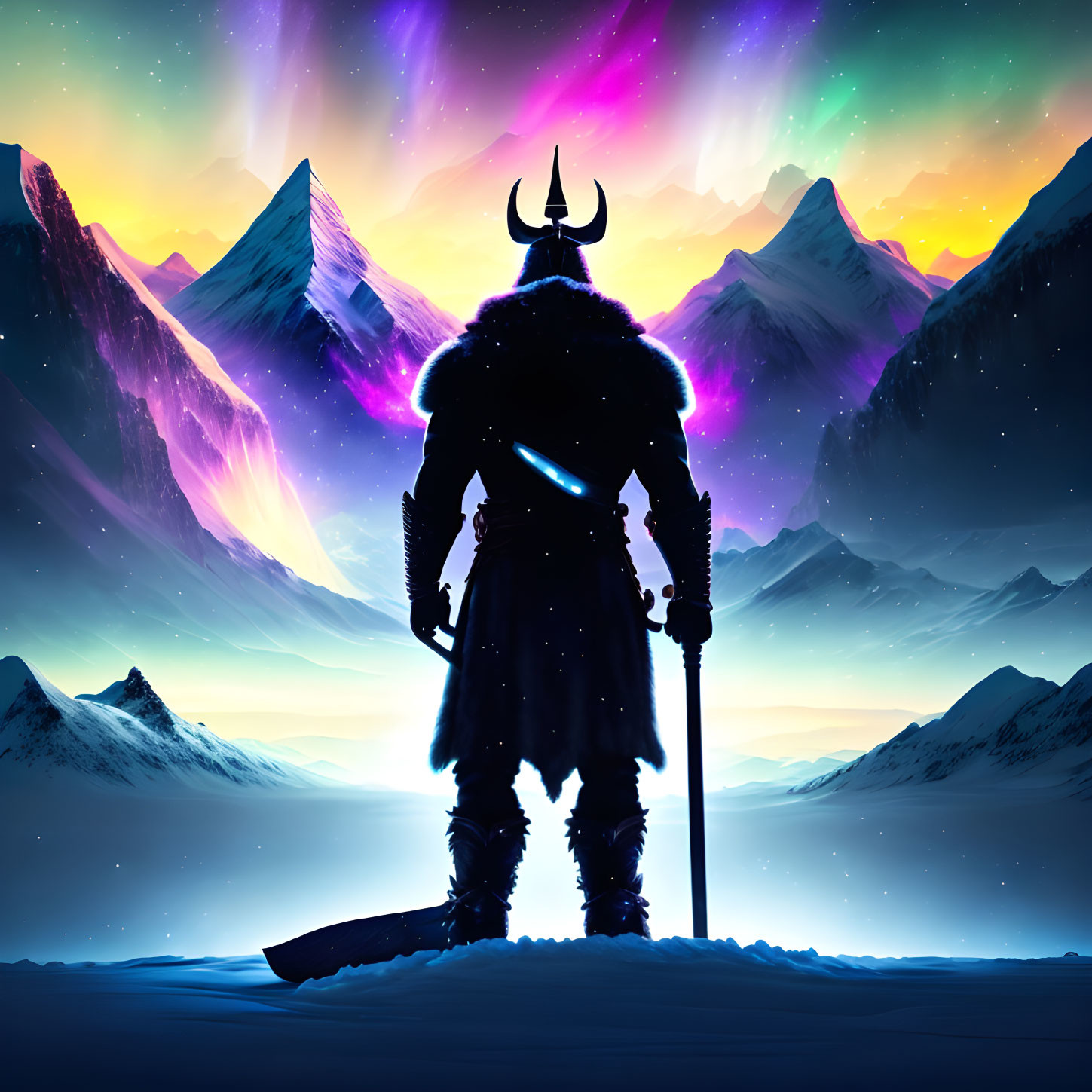 Viking figure with staff and sword under vibrant aurora in snowy landscape