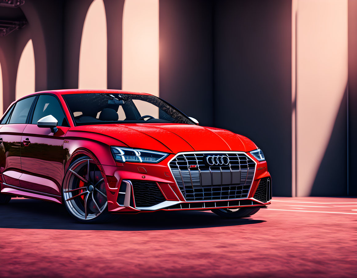 Red Audi sports car on pink pavement with arch shadows, sleek design and shiny rims.