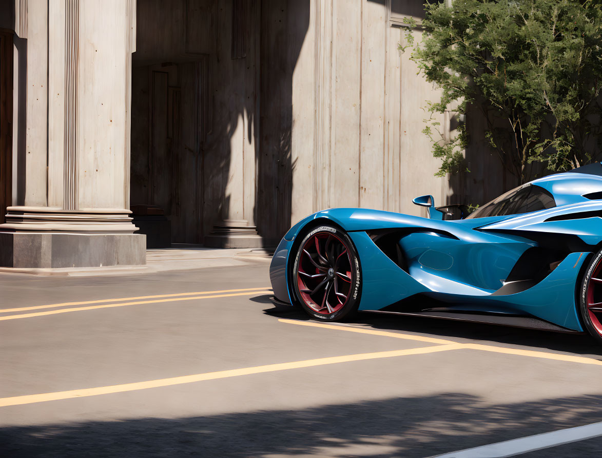 Blue futuristic sports car parked beside classical architecture on sunny street