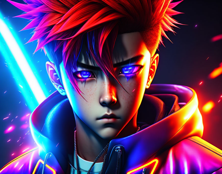 Digital artwork of young male with red hair, glowing blue eyes, purple jacket under neon lights