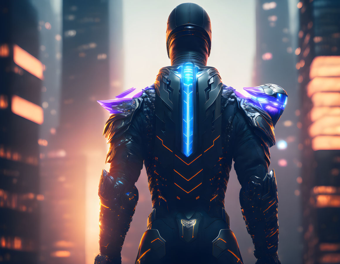 Futuristic armored figure against neon-lit skyline