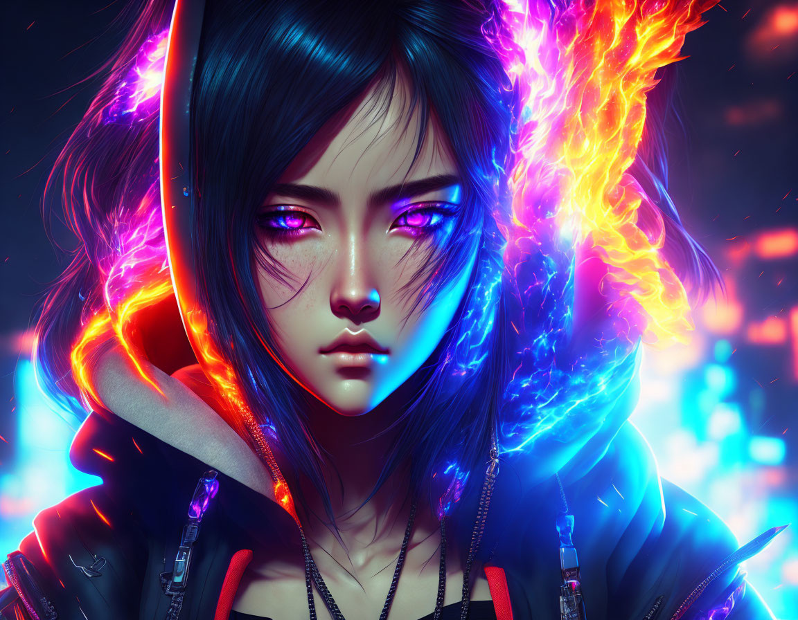 Digital artwork featuring girl with blue eyes, cybernetic enhancements, and orange hair in futuristic cityscape