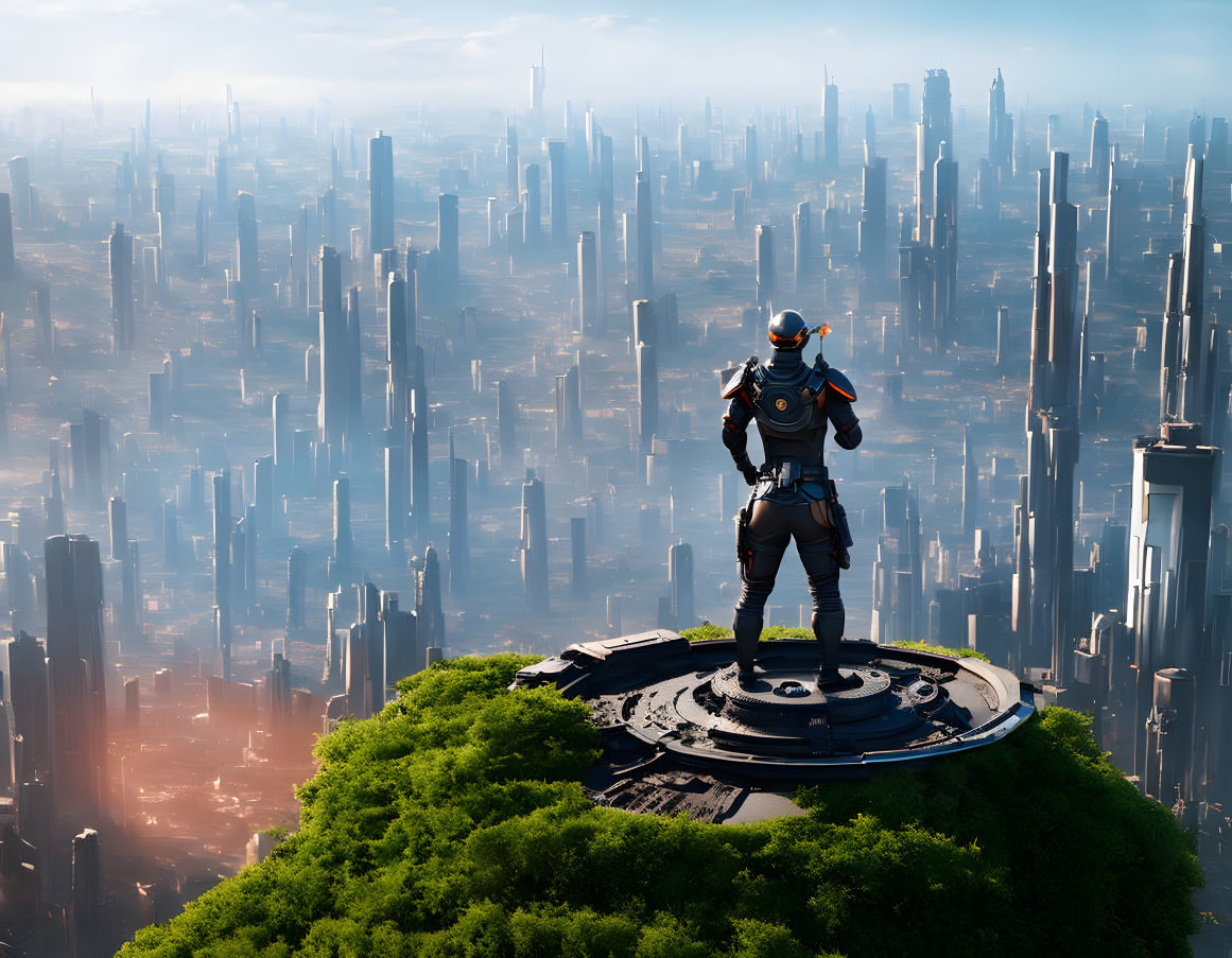 Astronaut overlooking lush hill and cityscape with skyscrapers