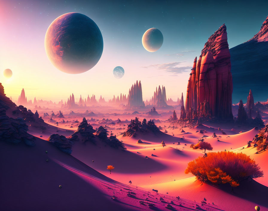 Surreal desert landscape with sand dunes, rock formations, and celestial bodies