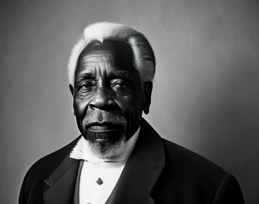 Monochrome portrait of elderly man with white beard in formal wear