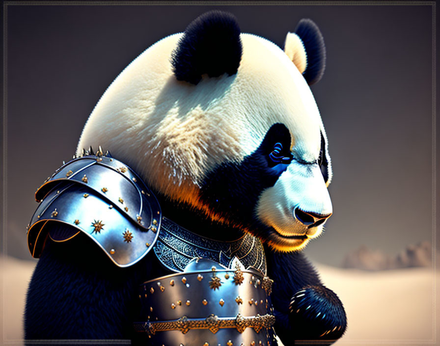 Stylized panda in medieval armor with serious expression