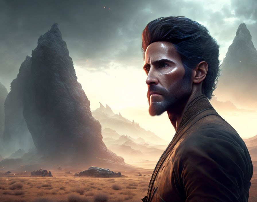 Man with Strong Jawline in Digital Artwork Against Rock Formations and Dusky Sky