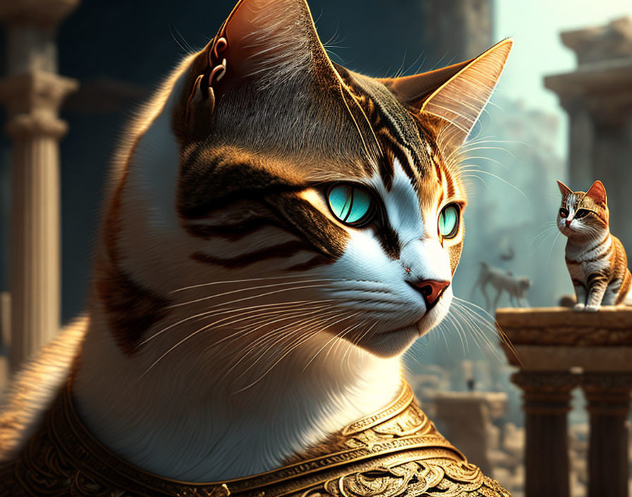 Majestic cat with green eyes and neck decorations in ancient temple setting