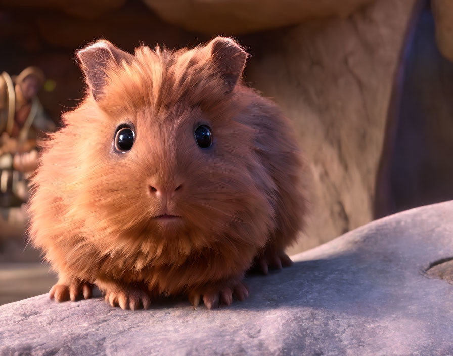 Brown Fluffy Animated Guinea Pig with Big Eyes on Rock Surface