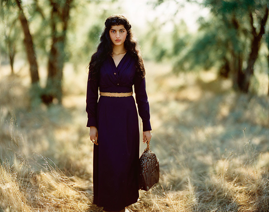 Woman in vintage dark blue dress with golden belt standing in sunlit grove holding patterned bag.