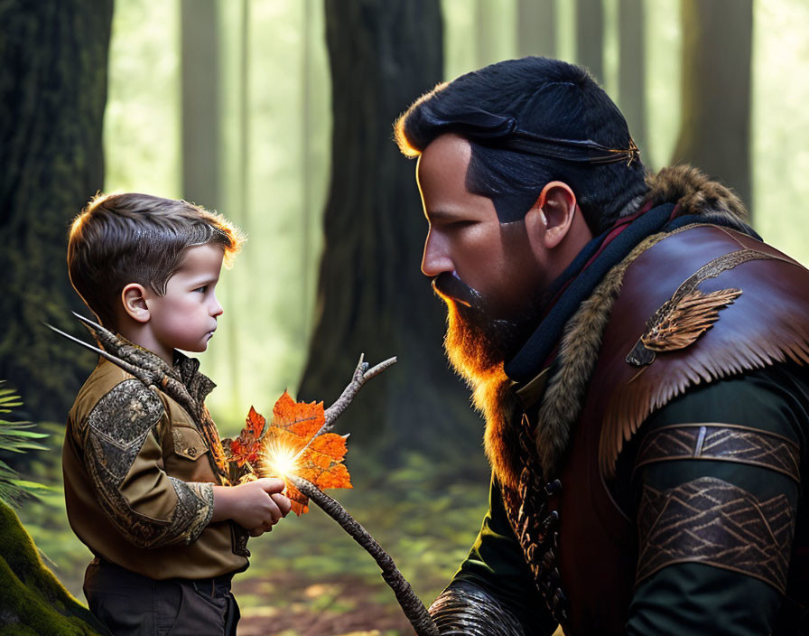 Medieval boy gives glowing leaf to knight in mystical forest