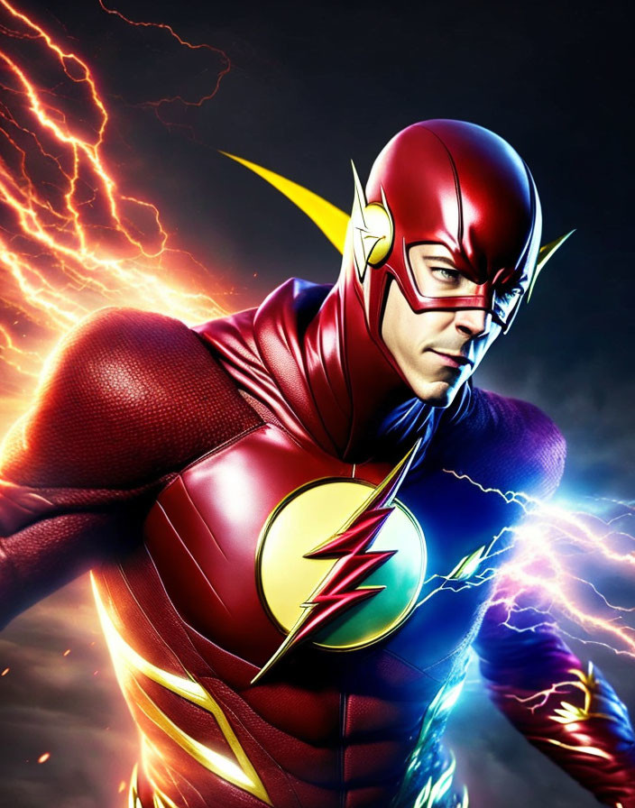 Superhero in Red and Yellow Costume with Lightning Bolt Emblem