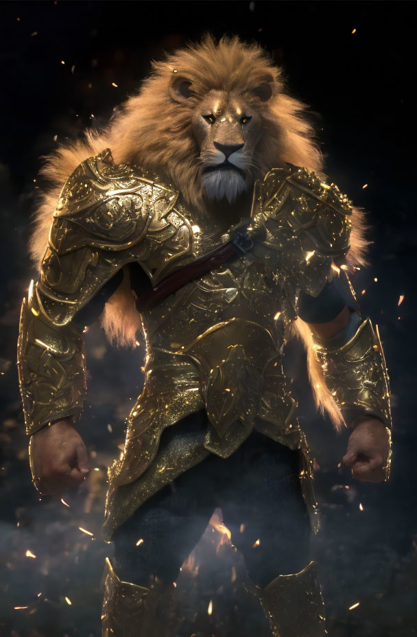 Majestic lion in golden armor amid floating embers