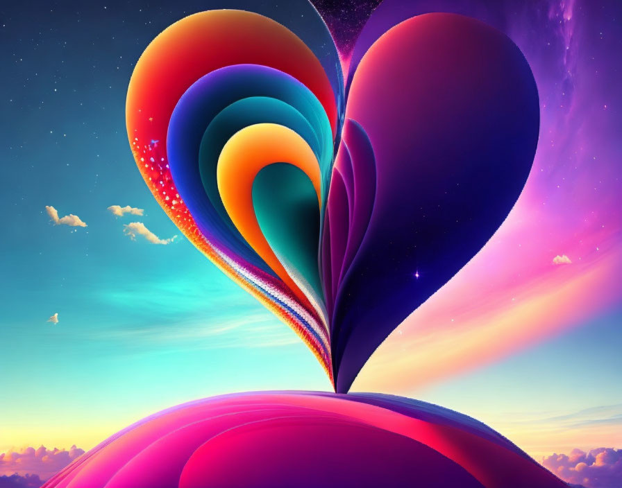 Colorful abstract art: Heart shape swirls in vibrant sky