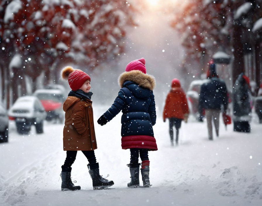 Children in winter clothing holding hands on snowy street with trees and parked cars.