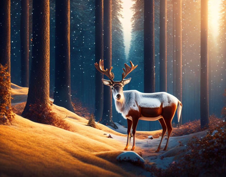 Majestic deer in sunlit forest with glowing beams of light