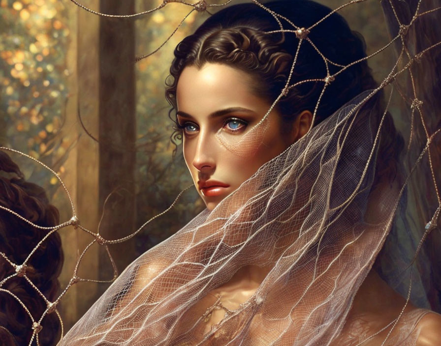 Captivating eyes woman in translucent veil autumnal backdrop