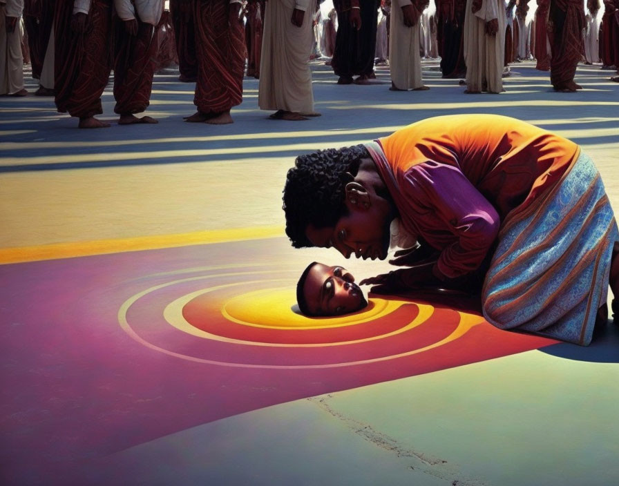 Person embedded in ground with concentric circles, surreal conversation scene