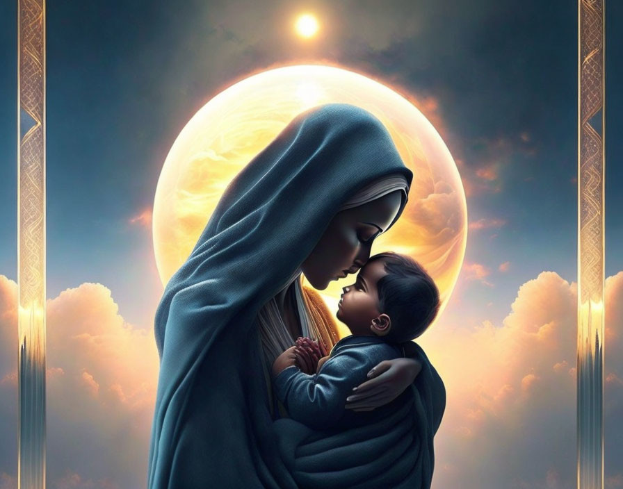 Veiled woman embracing child under full moon.