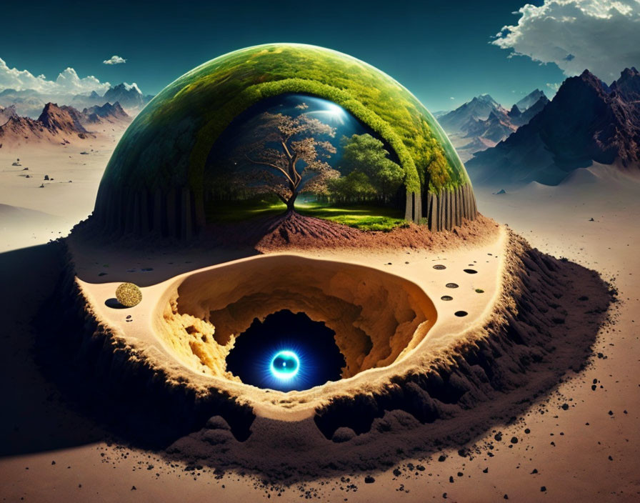 Surreal landscape with green half-sphere, sandy terrain, glowing blue core, and encir