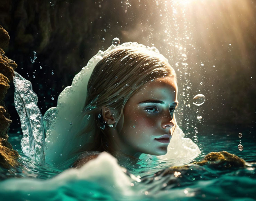 Woman in golden sunlight emerges from serene waters