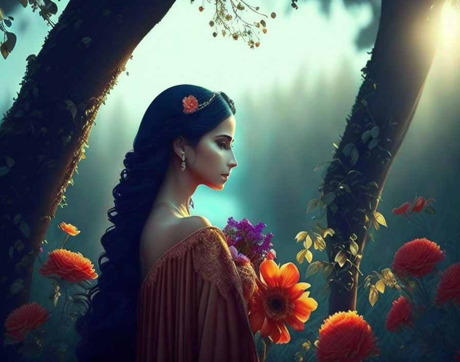 Woman in Brown Dress with Side Braid in Sunlit Forest Bouquet