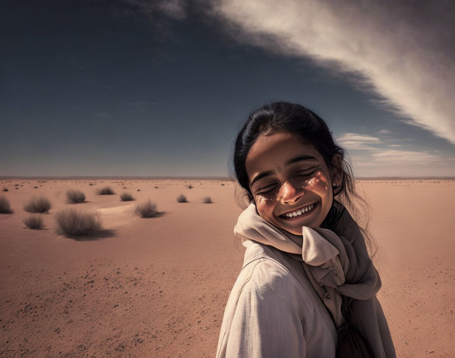 Smiling woman in desert landscape under clear blue skies