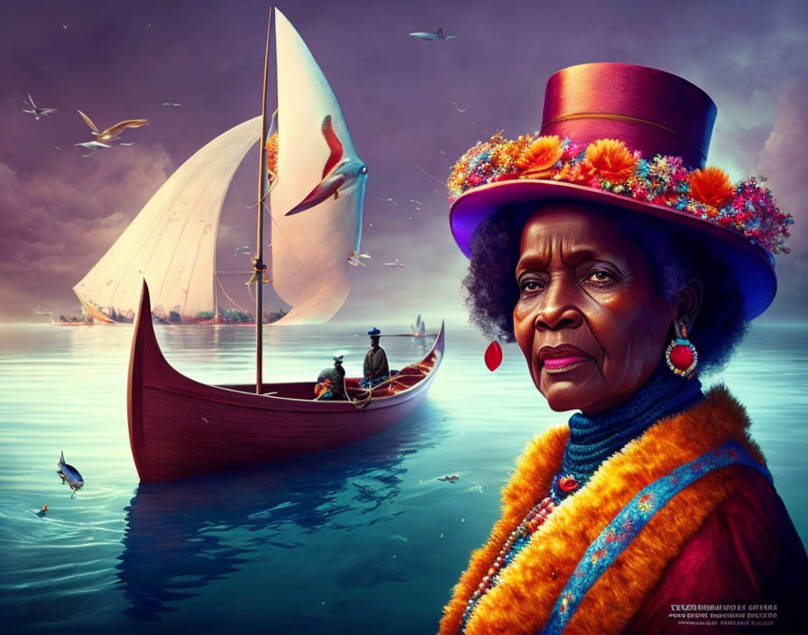 Colorful digital illustration: Elegant older woman in floral hat and orange coat with boat and birds on calm