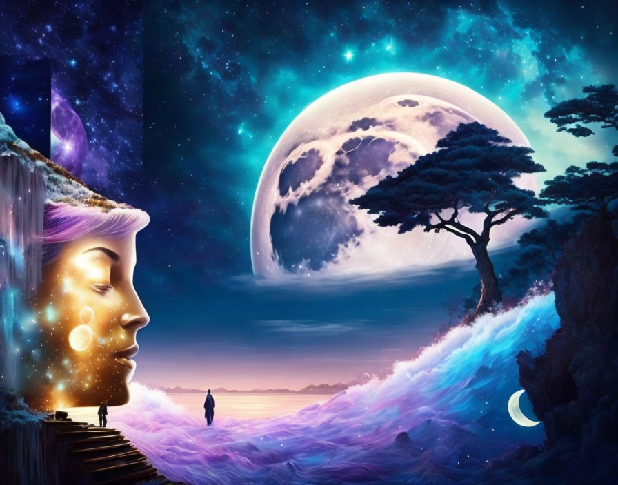 Surreal digital artwork: woman's profile merges with cosmic landscape