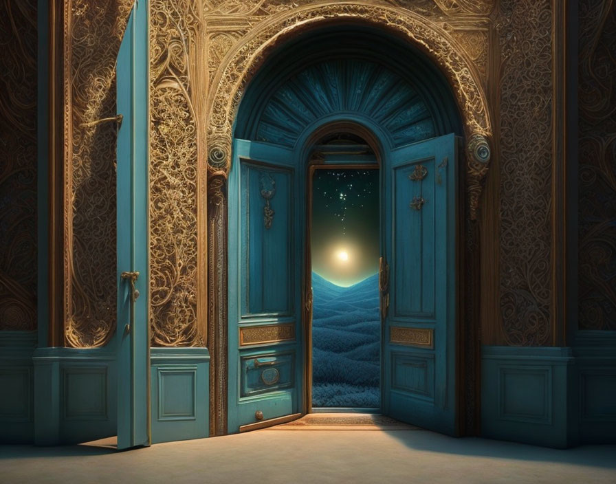 Ornate open door to surreal starry night landscape