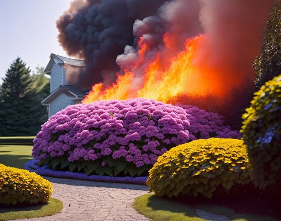 House fire with large flames and black smoke near vibrant pink and yellow garden bushes