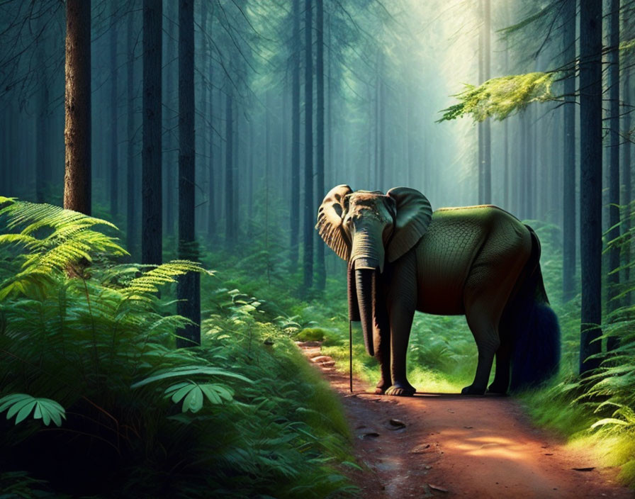 Elephant in Forest Path with Sunlight and Greenery