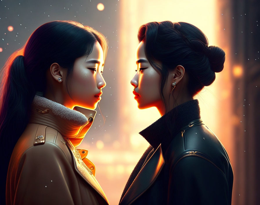 Two women in profile with stylized lighting against cityscape at dusk or dawn