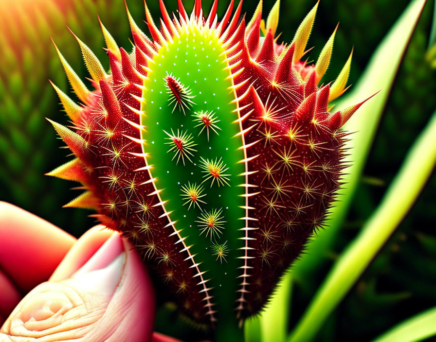 Vibrant green cactus with sharp red spikes on blurred green background