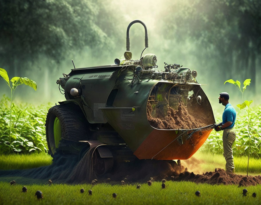 Man plowing field with futuristic green tank in misty setting