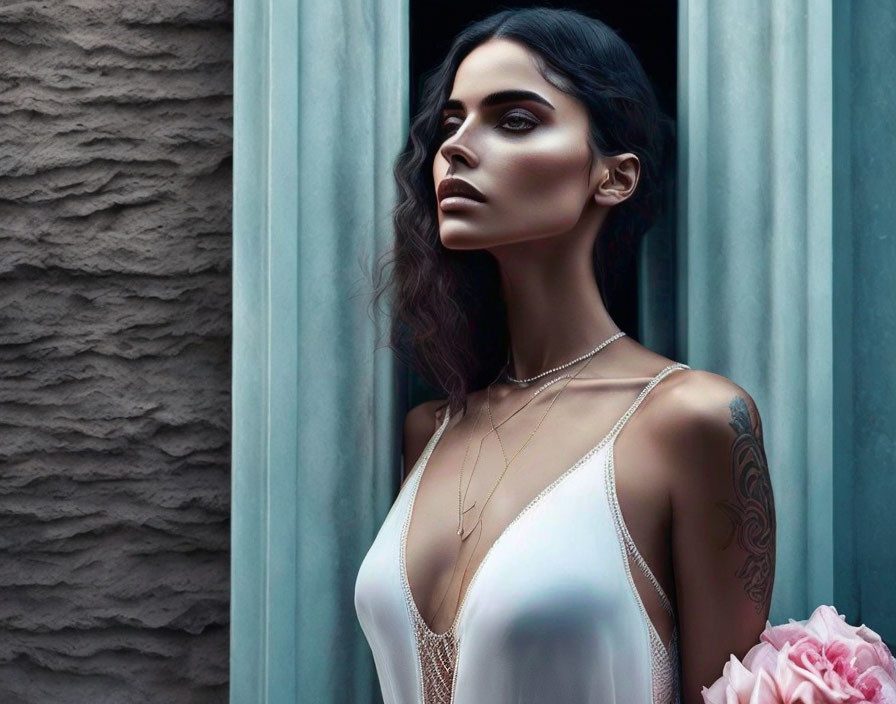 Dark-haired woman in v-neck dress with arm tattoo poses by window with pink flowers