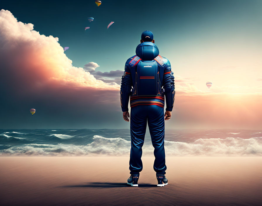 Racing suit person on beach gazes at surreal sky with hot air balloons and paper planes