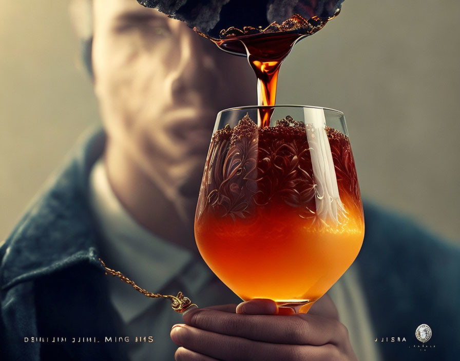 Person in Suit Pouring Dark Liquid into Wine Glass with Vibrant Splash