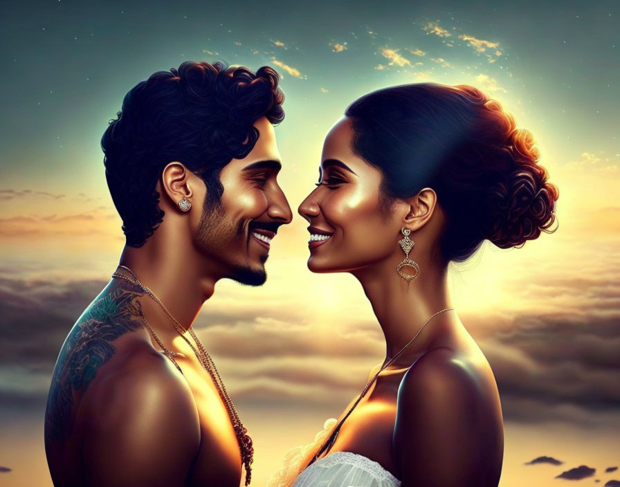 Digital illustration: Smiling couple in intimate pose with sunset sky.