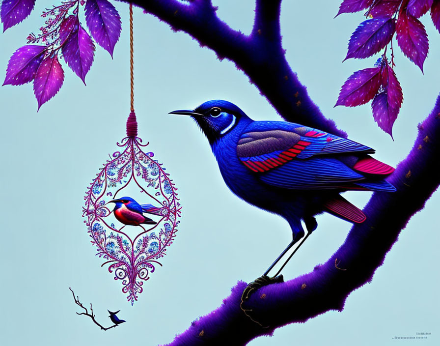 Vibrant digital artwork featuring stylized birds on branches and pendants