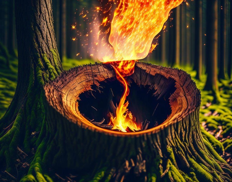 Flaming hollow tree stump in lush forest scene