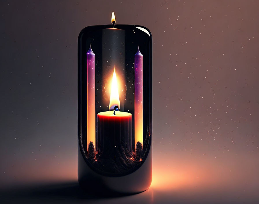 Surreal candle melting into forest with starry sky