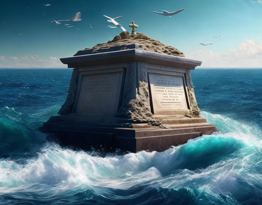 Monument in Turquoise Waves and Seagulls