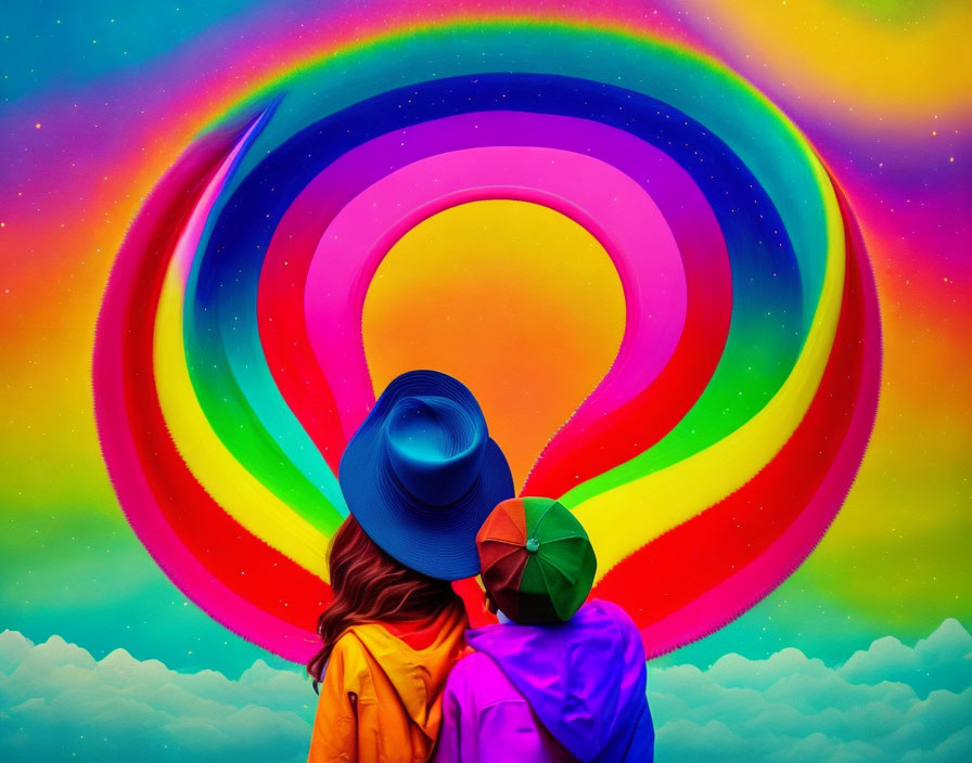 Colorful Outfits: Two People Admire Psychedelic Rainbow