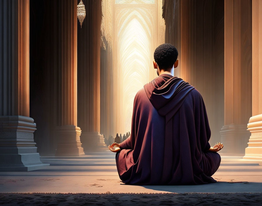 Purple Cloaked Person Meditating in Sunlit Hall