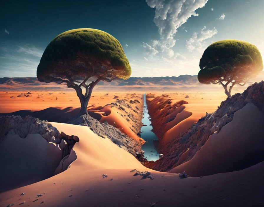 Surreal landscape with two trees on sand dunes and a reflective river